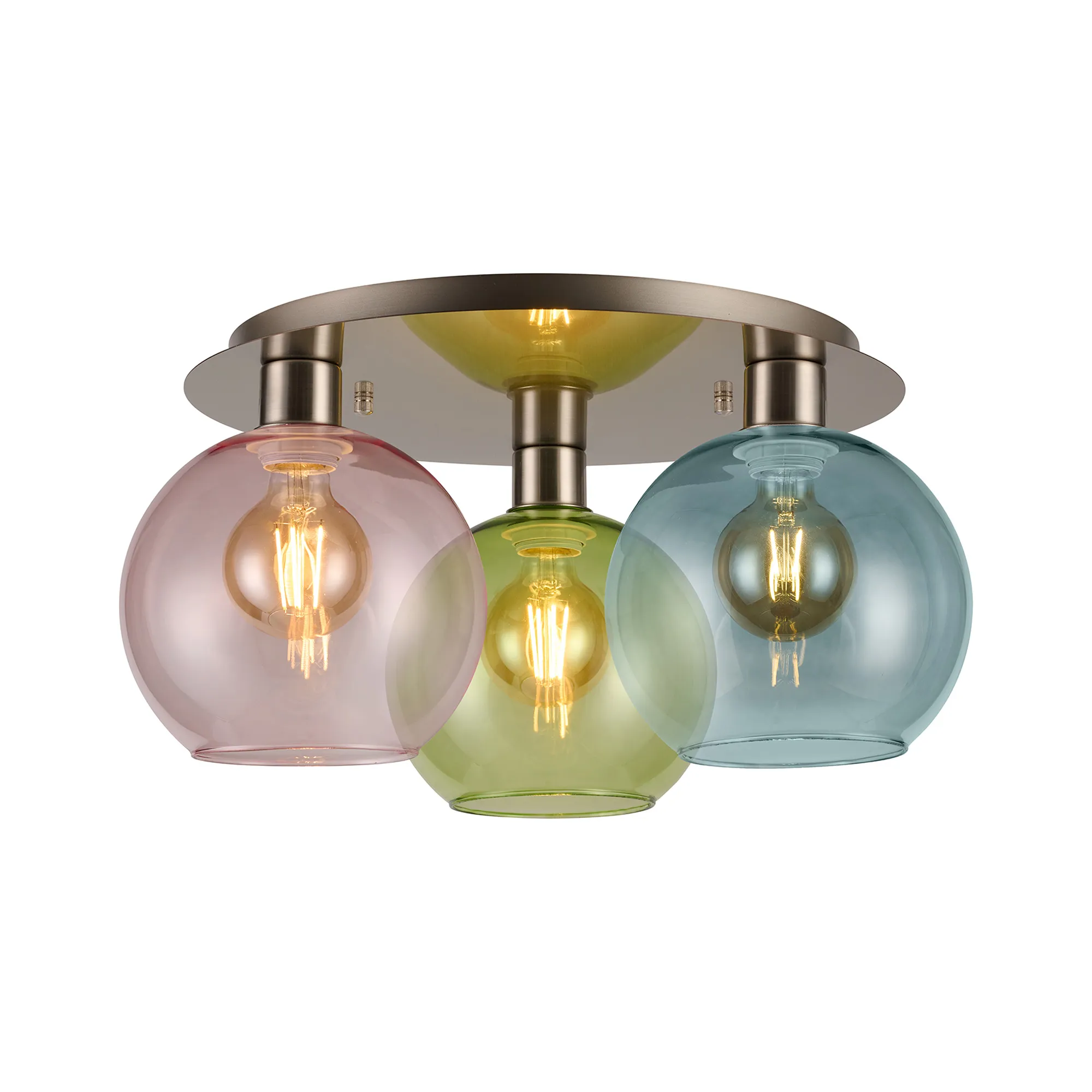 DK1430  Lori 40cm Round Ceiling Flush, 3 Light Flush Fitting, Satin Nickel/Blue/Green/Pink Open Mouth Round Globe Shades